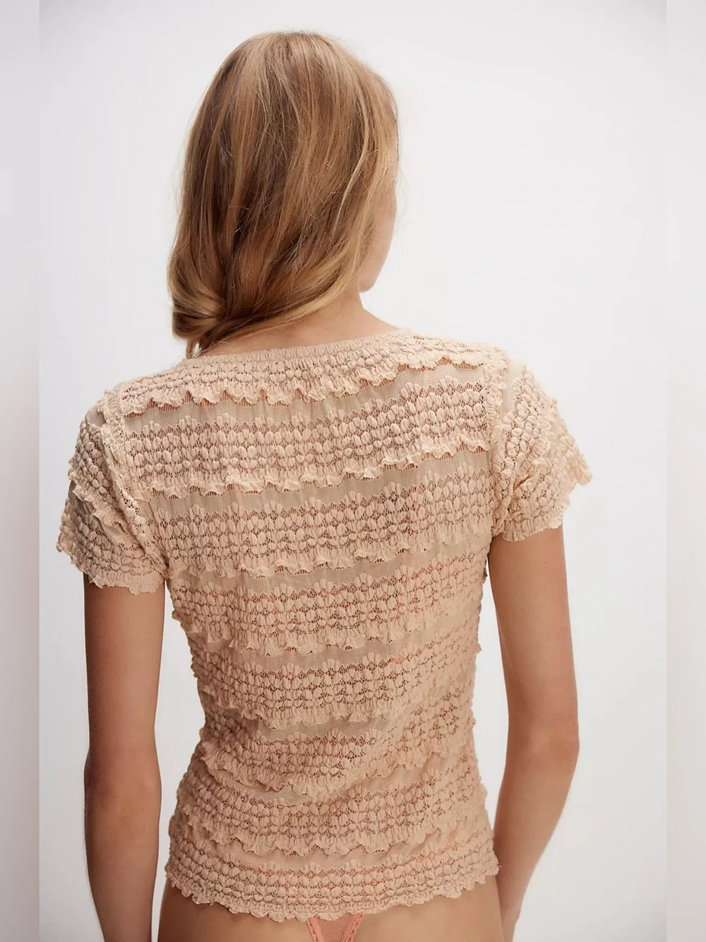 NWOT Free People One Lace Scallop Trim Mesh Milk Tea Short Sleeve Tee Sz S